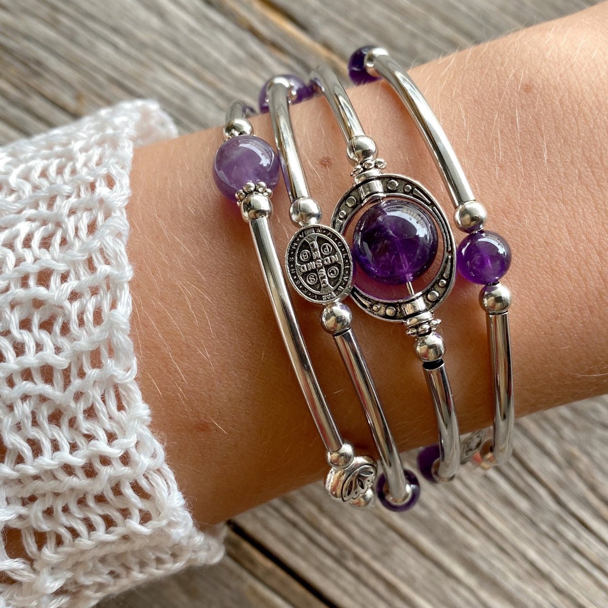 Mauve Serape Double Wrap Bracelet with Amethyst